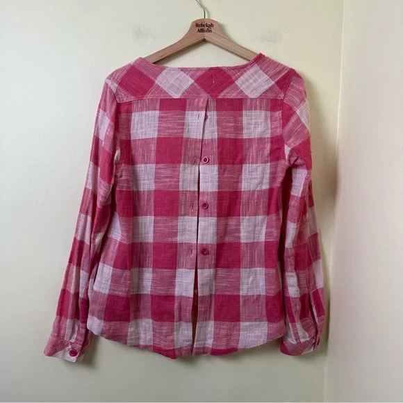 ANTHRO Cloth & Stone Pink Plaid Linen Blend Button Back Blouse SZ Small - Picture 4 of 9